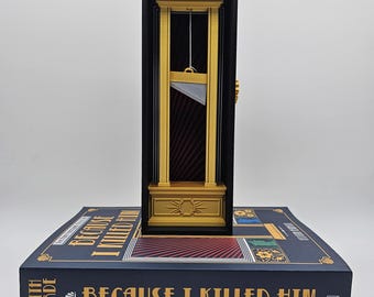 Werkende guillotine-boekenhoek, gotisch boekenplankdecor, dystopisch plankaccent