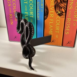 May include: A black, 3D-printed snake-shaped bookend. The snake is coiled and detailed, with a flat base to hold books. Colorful book spines are visible behind the bookend, with titles like "A Court of Silver Flames" and "A Court of Thorns and Roses".