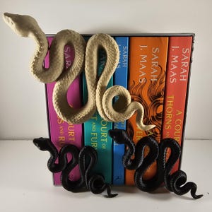 May include: A collection of books with colorful spines, featuring titles by Sarah J. Maas, are adorned with beige and black snake figurines. The snakes are positioned in front of the books, creating a decorative display.
