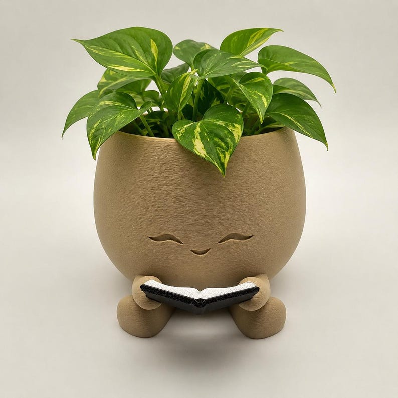 May include: A tan-colored, egg-shaped planter with a smiling face design, holding a small black book. The planter is filled with a vibrant green plant with yellow variegation. The planter has a textured surface.