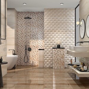 May include: A modern bathroom with beige and brown tile flooring and walls. The shower area features a mosaic tile design. The bathroom includes a white bathtub, a pedestal sink, and a black side table with toiletries.