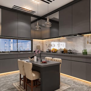 Può includere: Cucina moderna con mobili grigio scuro, alzatina in marmo e un piccolo tavolo da pranzo con sedie beige. La cucina è dotata di elettrodomestici in acciaio inossidabile, lampade a sospensione e una finestra.