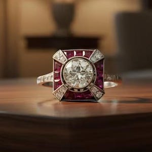 Art Deco Ruby and Diamond Engagement Ring 14k White Gold Target Halo Wedding Ring Vintage Inspired Geometric Statement Ring for Women