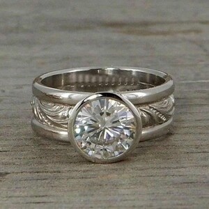 Vintage Engraved Bezel Set Moissanite Engagement Ring Round Cut Diamond Solitaire, Hand Carved Filigree Band, Art Deco Wedding