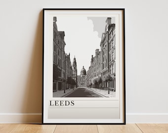 Póster turístico de Leeds / Lámina decorativa de Leeds / Colección Gran Bretaña Monocromática / Arte mural vintage de la ciudad