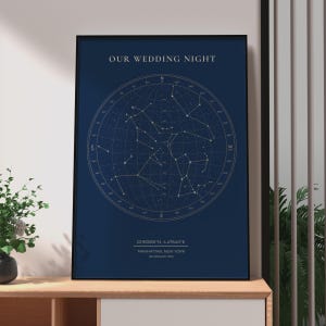 Wedding Night Sky Map personalized print, Custom Star Chart, Navy Gold Constellation Poster