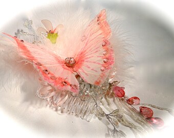Butterfly Fairy Hairpiece Pink Feather Haircomb F-108
