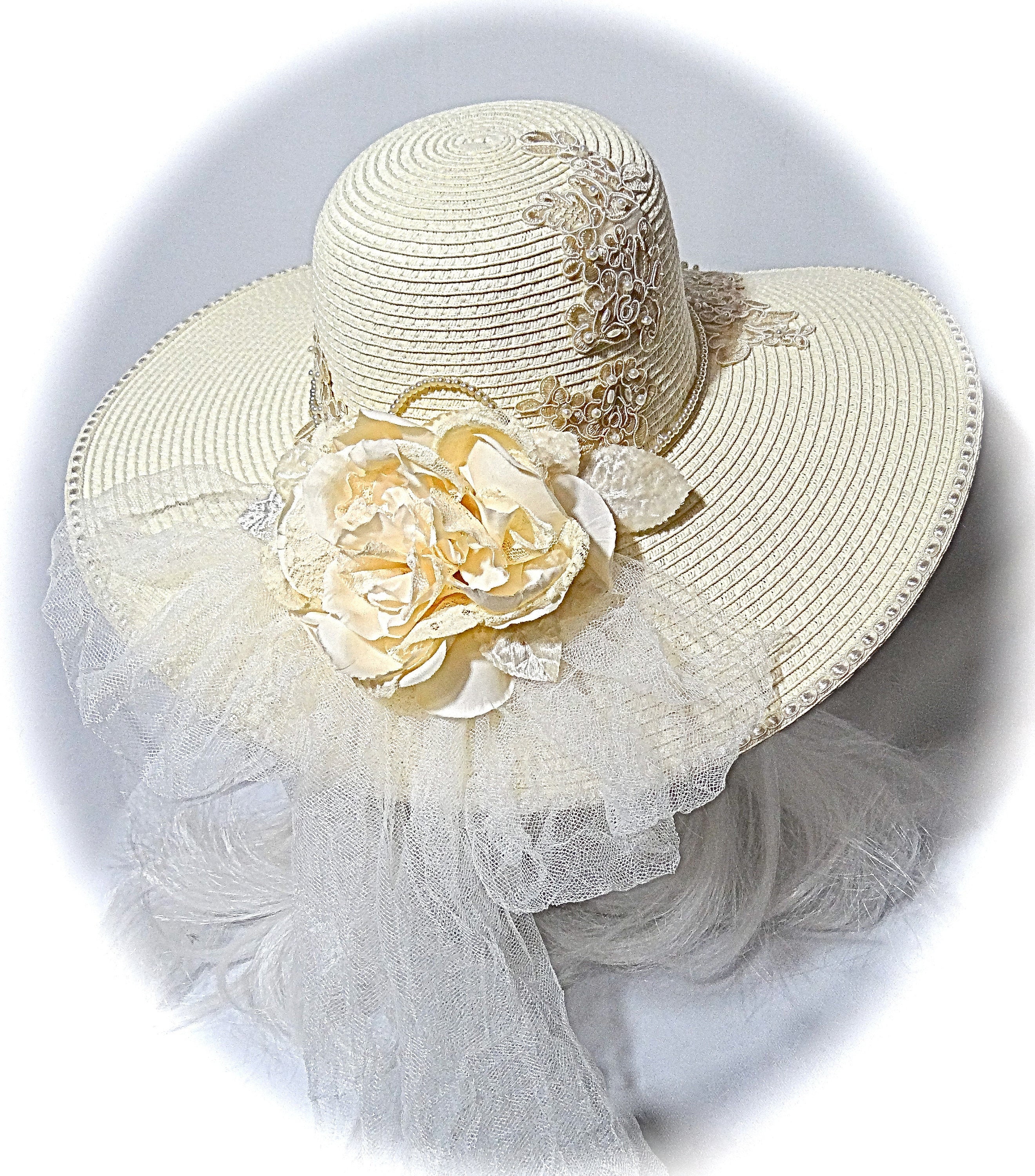 Ivory Lace Bridal Hat: Creamy Wedding Church Hat With Pearls  display picture 2
