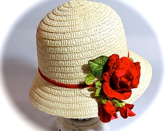 Big Girls Cloche Hat Red Straw Hat GH-114