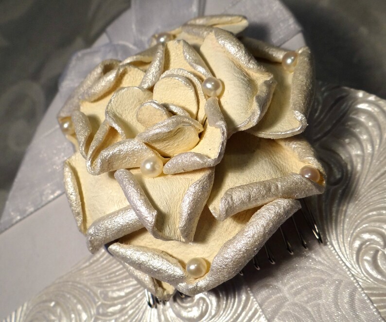 Leather Rose Bridal Hairpiece Cream Rose with Pearls Wedding Accessories B-119