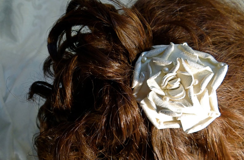 Leather Rose Bridal Hairpiece Cream Rose with Pearls Wedding Accessories B-119