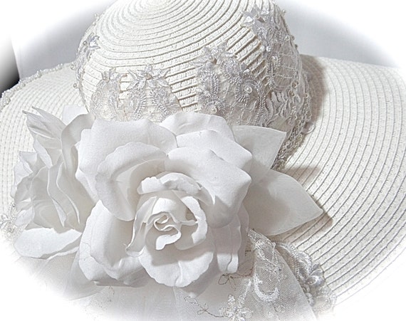 Elegant White Lace Wedding Hat with Veil cream flowers OS Lace Wedding Vintage Hats for Women for sale | eBay main image 4