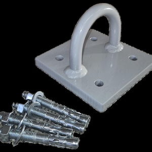 May include: A grey metal anchor plate with a curved loop and four mounting holes. Several silver bolts with nuts and washers are included. The anchor plate is square and has a textured edge.