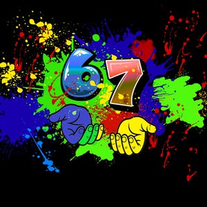 Puede incluir: Diseño gráfico con el número "67" en estilo graffiti, el "6" con degradado arcoíris y el "7" con degradado rojo y amarillo. Los números están rodeados de salpicaduras de pintura coloridas y dos pares de manos.
