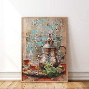 Moroccan Mint Tea Art Print, Watercolor Arabic Teapot Wall Art, Mint Tea Kitchen Decor, Boho Mediterranean Printable, Tile Pattern Poster
