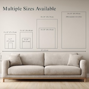 May include: Image showcasing various rectangular art print sizes, including 5x7 inches, 8x10 inches, 11x14 inches, 12x16 inches, 16x20 inches, 20x28 inches, and 24x36 inches. A beige sofa is in the foreground, with the text "Multiple Sizes Available" at the top.