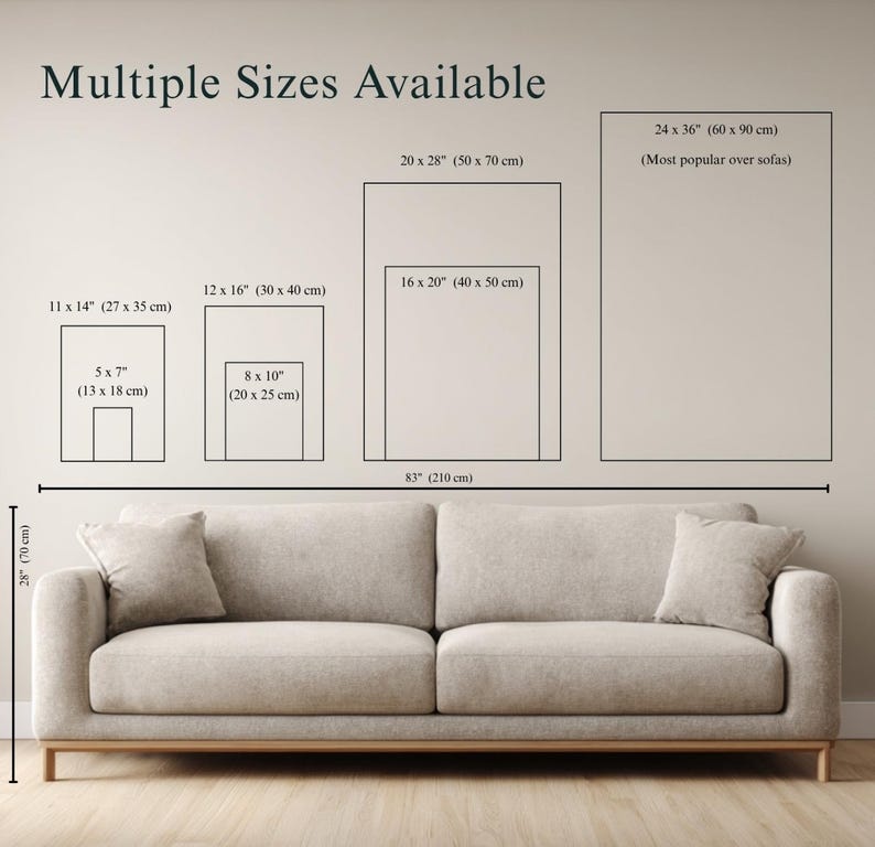 May include: Image showcasing various rectangular art print sizes, including 5x7 inches, 8x10 inches, 11x14 inches, 12x16 inches, 16x20 inches, 20x28 inches, and 24x36 inches. A beige sofa is in the foreground, with the text "Multiple Sizes Available" at the top.
