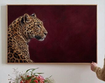 Above Bed Maroon Leopard Canvas, Framed Burgundy Cheetah Wall Art, Horizontal Animal Print, Large Maximalist Decor For Over The Bed
