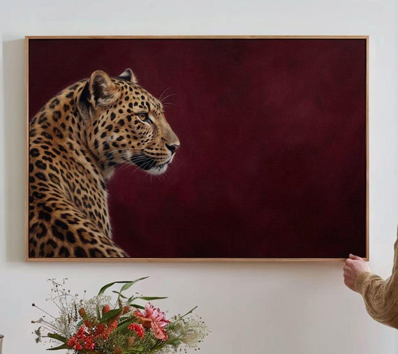 Above Bed Maroon Leopard Canvas, Framed Burgundy Cheetah Wall Art, Horizontal Animal Print, Large Maximalist Decor For Over The Bed