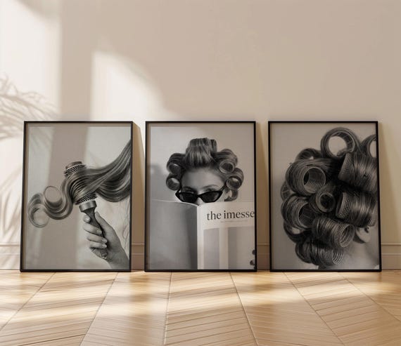 Vintage Beauty Salon Decor Set of 3, Retro Minimalistic Prints for Hair Stylist, Black and White Fashion Magazine Poster, Framed Gallery Set
