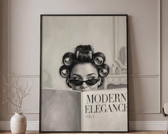 Trendy Hair Roller Girl Poster, Fashion Wall Art, Vintage Decor For Beauty Salon, Black and White Hairdresser Print, Old Money Aesthetic