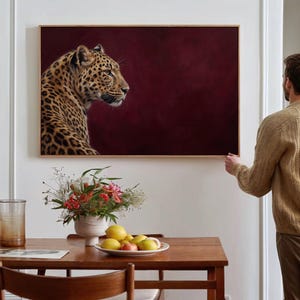 Above Bed Maroon Leopard Canvas, Framed Burgundy Cheetah Wall Art, Horizontal Animal Print, Large Maximalist Decor For Over The Bed image 4