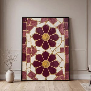 Abstract Mosaic Wall Art, Moroccan Zellige Tile Poster, Maroon Gold Geometric Print, Large Burgundy Red Mediterranean Boho Bathroom Decor