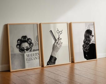 Hair Salon Wall Art Set of 3, Above Couch Gallery Prints, Vintage Beauty Fashion Posters For Hairdresser, Black And White Hair Stylist Gift