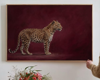 Above Couch Leopard Canvas, Large Maroon Cheetah Wall Art, Framed Burgundy Print For Office And Bedroom, Horizontal Animal Decor