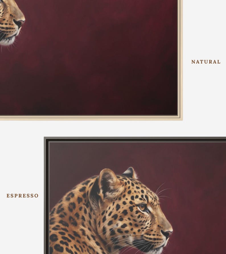 May include: Two framed wall art prints featuring a leopard in profile against a deep burgundy background. One print is encased in a light-colored natural wood frame labeled NATURAL, and the other is in a dark espresso frame labeled ESPRESSO.