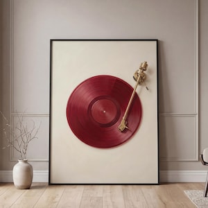 Vinyl Record Player Wall Art, Burgundy Minimalist Retro Turntable Music Poster, Vintage Ruby Red Print, Large Above Couch Living Room Decor