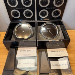 Georg Jensen Andreas Mikkelsen Pewter Silver Black Venus 11,5 cm Clock Thermometer Set Wall or Desk Top