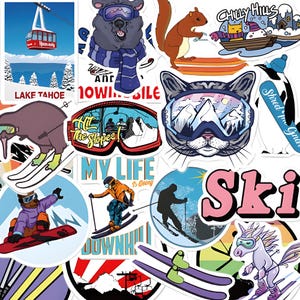 Könnte beinhalten: Eine Sammlung farbenfroher Ski-Themen-Aufkleber. Designs umfassen einen Skilift, einen Bären mit Brille, eine Katze mit Bergbrille, einen Kiwi-Vogel auf Skiern und das Wort "Ski". Weitere Texte sind "Lake Tahoe" und "Chilly Hills".