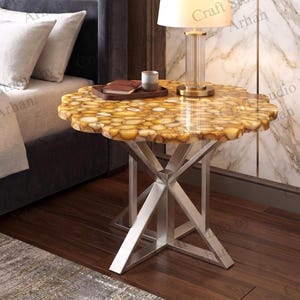 Natural Agate End Table | Handcrafted Stone Bedside Furniture | Custom Designer Accent Table