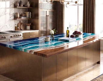 Ocean Wave Epoxy Kitchen Island | Luxury Wood Resin Countertop | Custom Made Worktop