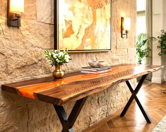 Consola River de nogal epoxi / Mesa de sofá de madera con borde natural / Muebles de entrada modernos con patas en X
