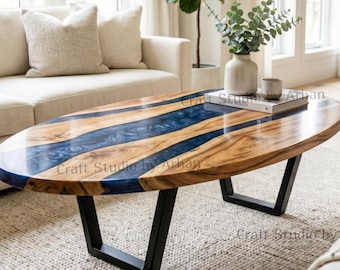 Modern Oval Resin Coffee Table | Live Edge Wood Epoxy Center Table | 42 x 22 Inches