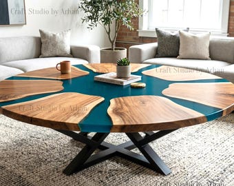 48 Inches Round Epoxy Resin Coffee Table | Starburst Wood Accent Furniture
