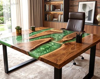 Emerald Green Epoxy Resin Live Edge Desk | Solid Wood River Office Table