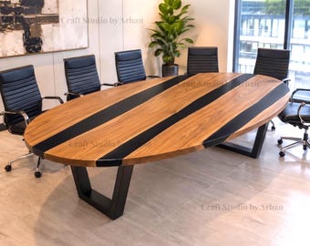 108" x 44" Handcrafted Epoxy Resin Conference Table | Modern Wood Office Desk with Metal Legs