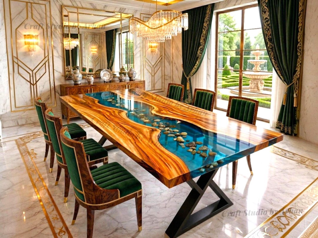 Custom Live Edge Epoxy River Dining Table | Solid Wood, Pebbles, Modern ...