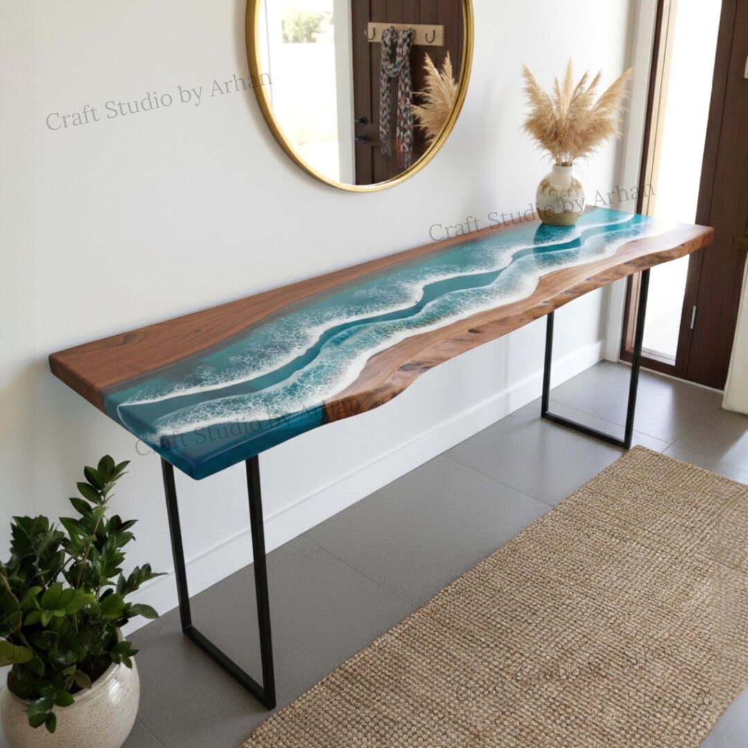 Ocean Wave Epoxy Console Table | Live Edge River Wood Sofa Table, Black ...