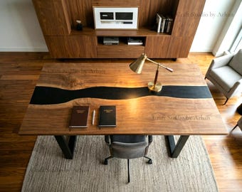 84 x 40 Inch Luxury Walnut Epoxy Resin Executive Desk | Modern Office Workspace Table