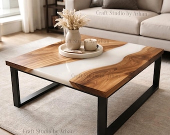 Mesa de centro Epoxy River / Mesa cuadrada de madera y resina blanca / Mesa moderna para sala de estar con patas de metal