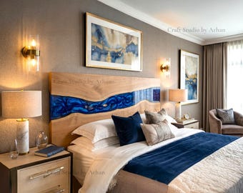 Testiera in legno con bordo naturale e resina epossidica blu metallizzata / Pannello letto di lusso personalizzato