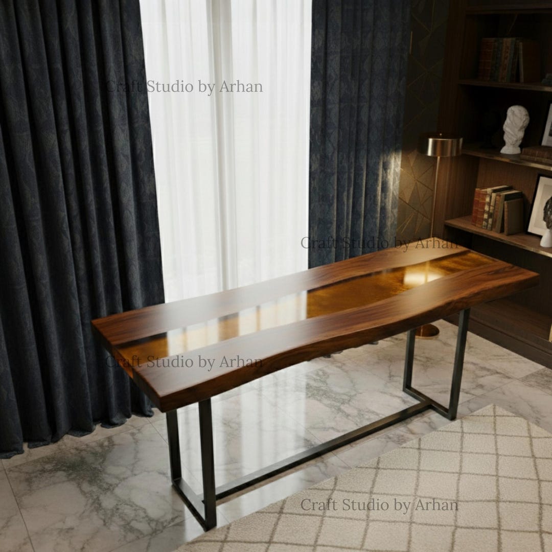 Live Edge Walnut River Console Table | Gold Epoxy Resin Accent Desk - Etsy