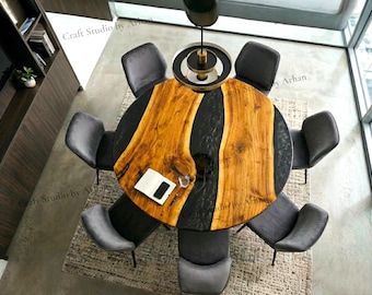 Mesa redonda de madera con resina epoxi / Mobiliario de comedor y sala de conferencias con borde natural / Disponible a medida