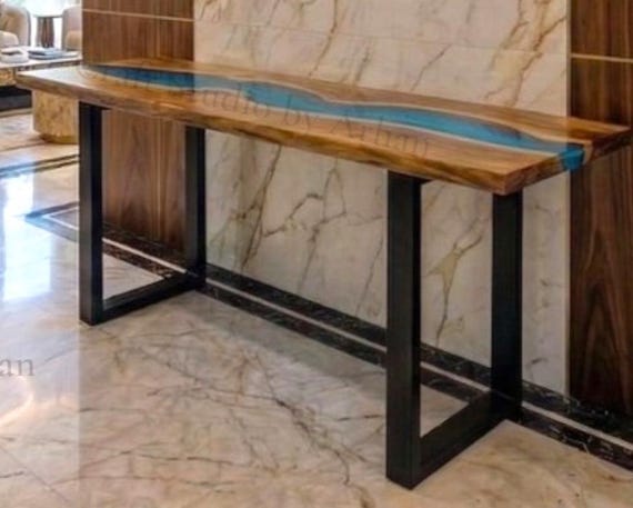 Translucent Turquoise Epoxy River Console Table | Solid Wood