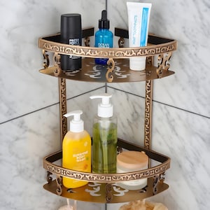 Estante esquinero de ducha de 2 niveles – Estante de almacenamiento de lujo para baño, organizador de aluminio para montaje en pared