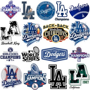 Könnte beinhalten: Eine Sammlung von Logos und Emblemen des Baseballteams Los Angeles Dodgers. Designs beinhalten das "LA"-Logo des Teams, Baseballs, Palmen und Text wie "World Series Champions" und "Dodgers". Die Logos sind in verschiedenen Farben, darunter Blau, Weiß und Schwarz.